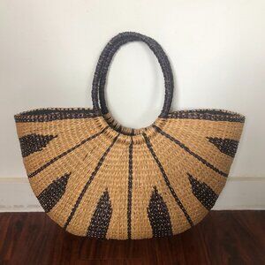 NEVER USED - Black and Natural Straw stripe raffia woven texture basket handbag